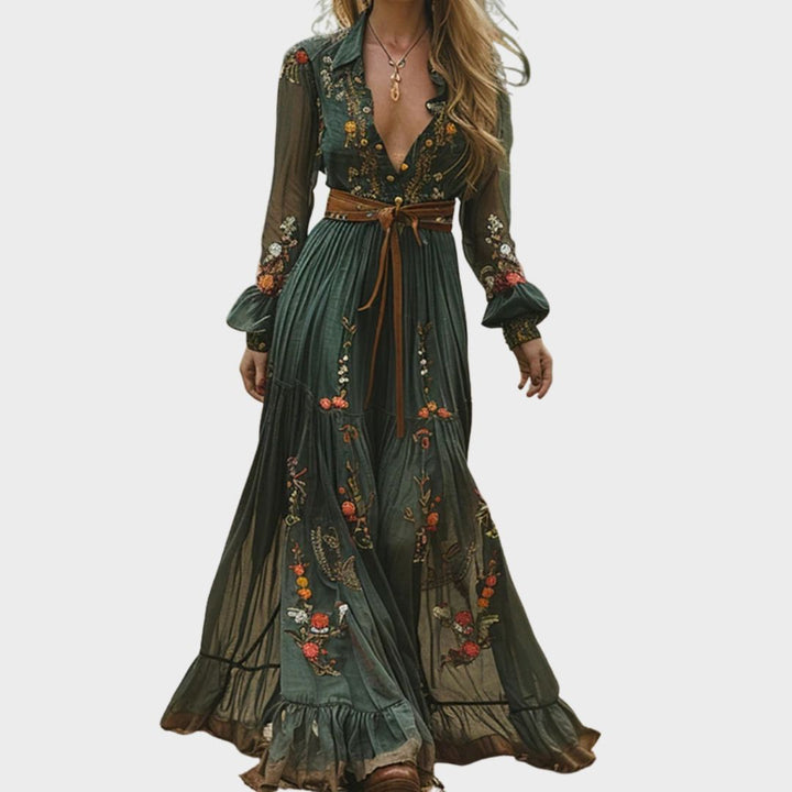 Boho maxiklänning med broderi och långa ärmar för kvinnor