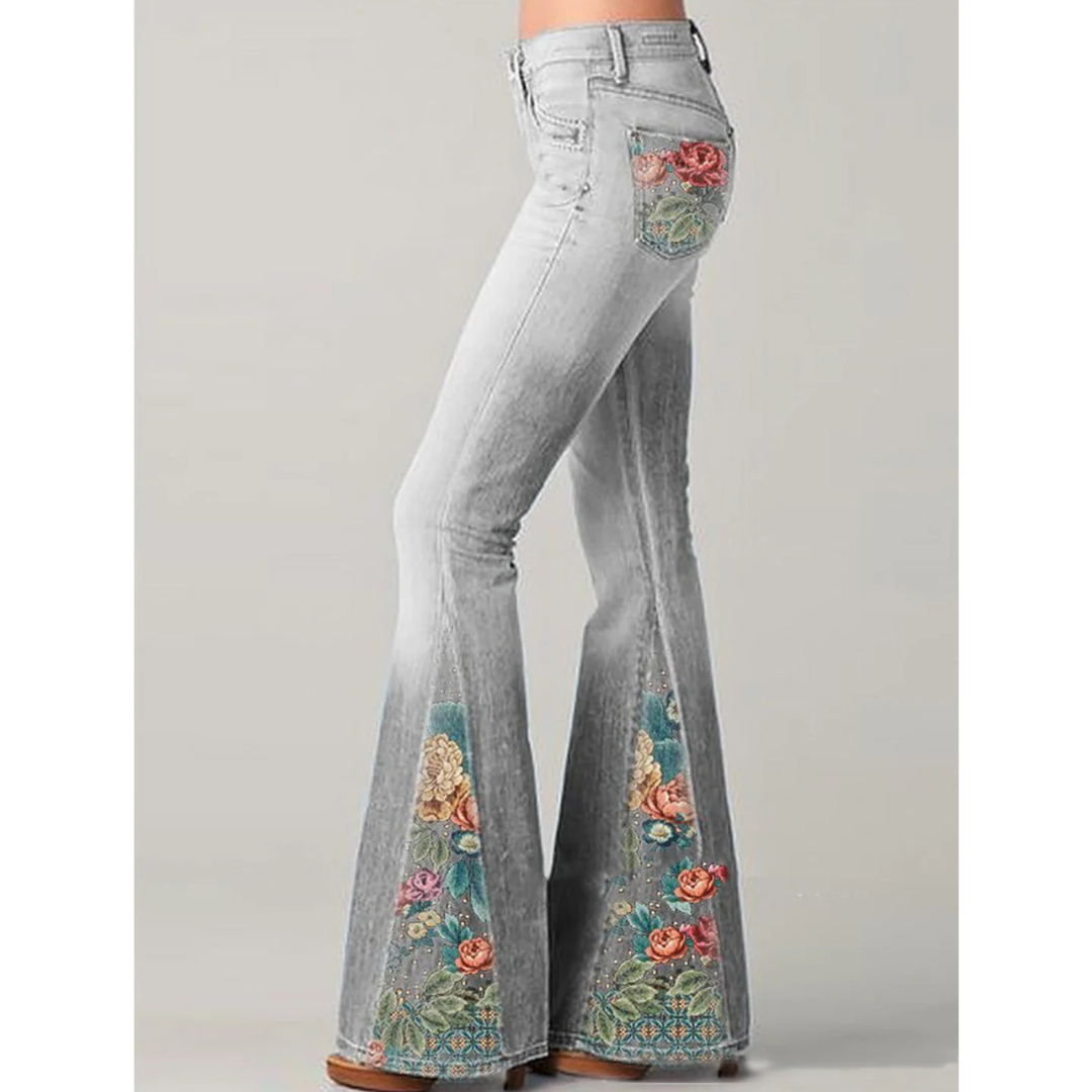 Utsvängda jeans med blombroderi för dam