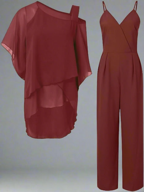 Elegant tvådelat set i chiffong med jacka och byxor för damer