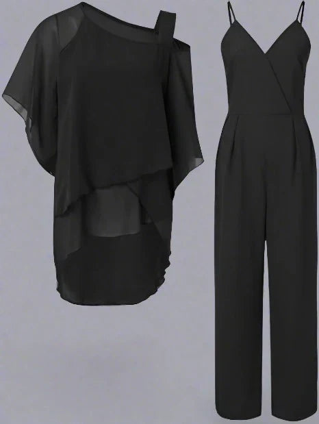 Elegant tvådelat set i chiffong med jacka och byxor för damer