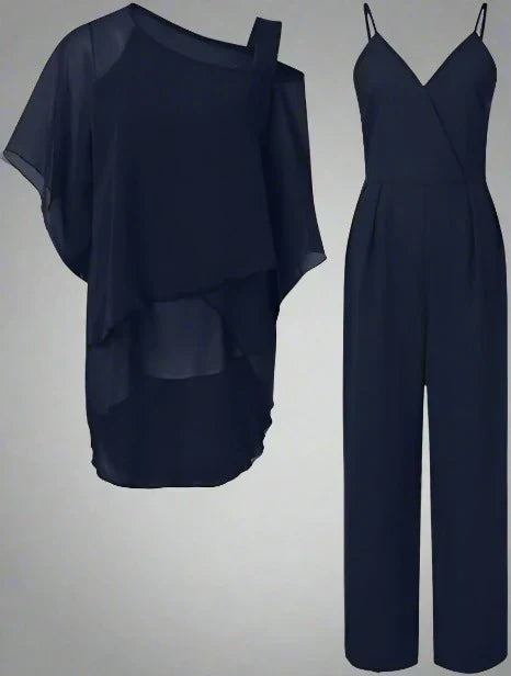 Elegant tvådelat set i chiffong med jacka och byxor för damer