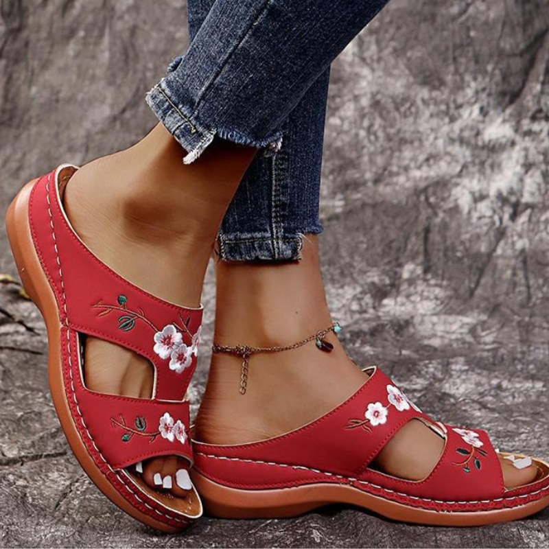 Ortopediska blommiga platåflip-flops för kvinnor