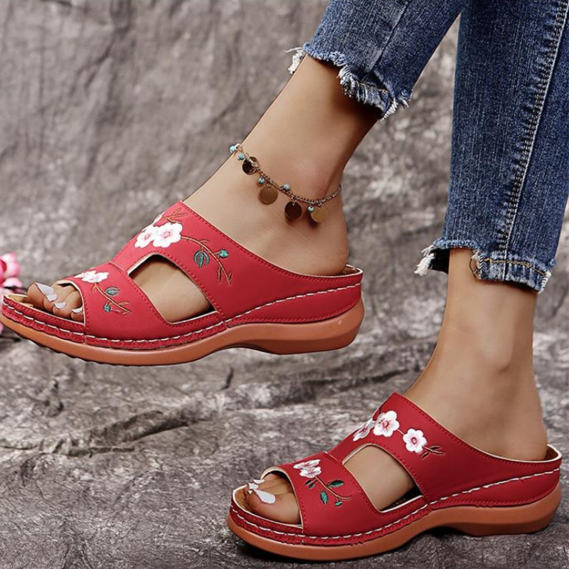Ortopediska blommiga platåflip-flops för kvinnor