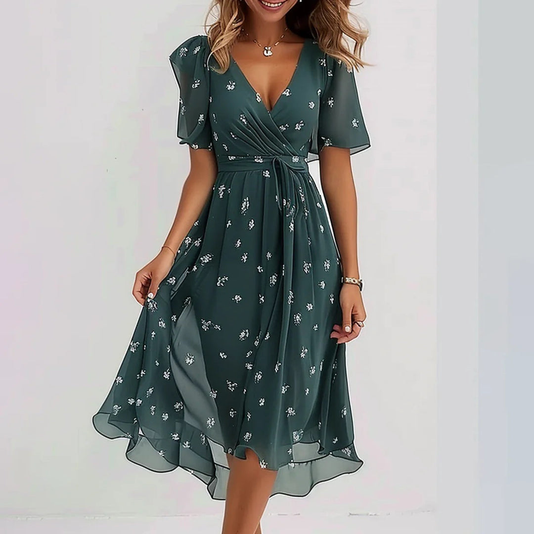 Blommig, böljande midiklänning för damer, elegant, casual