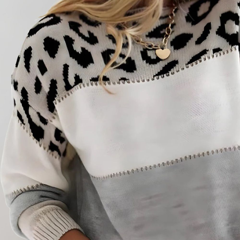 Maja | Stickad tröja Dam med färgblock och leopardmönster