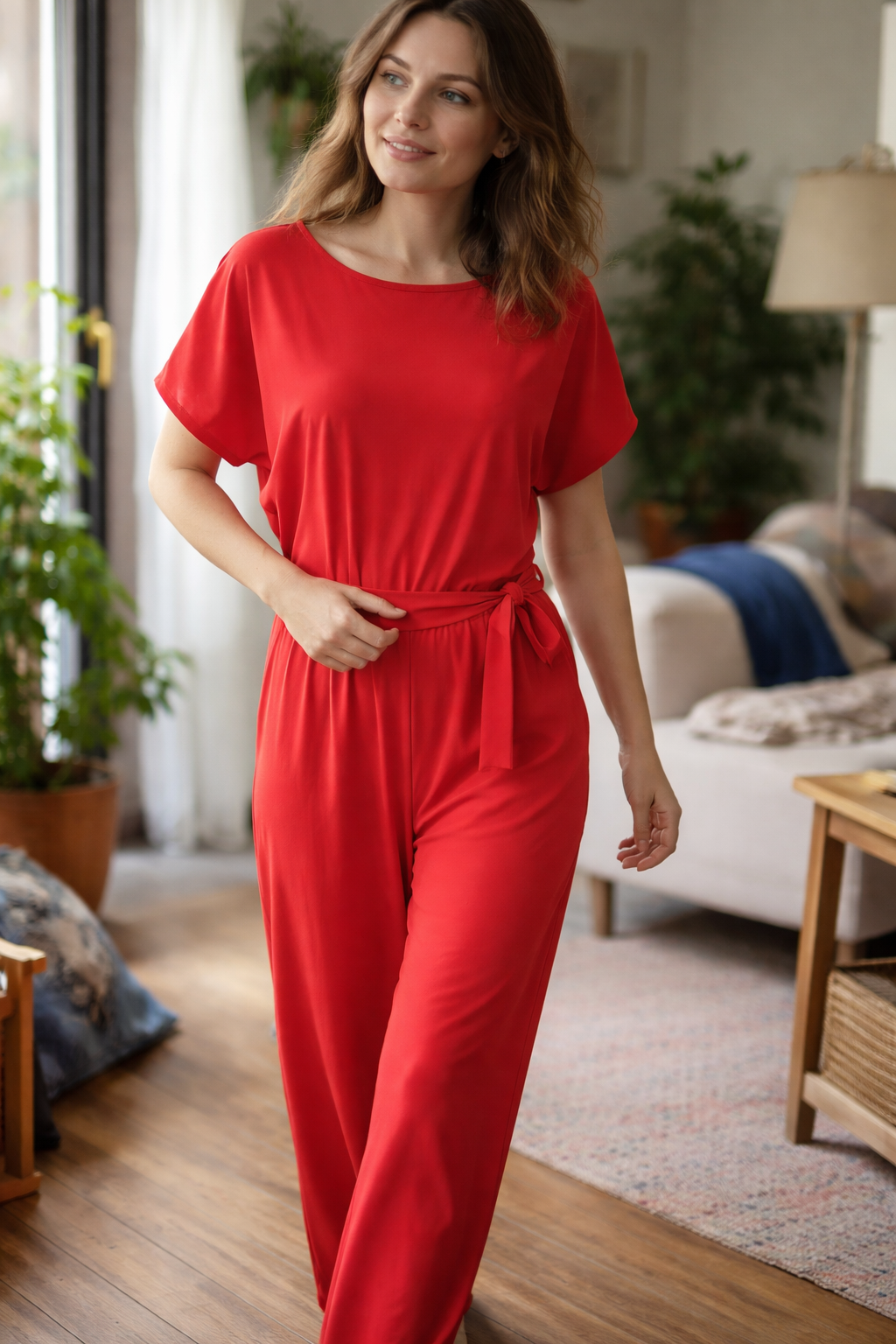 Jumpsuit med vida ben och bälte för kvinnor