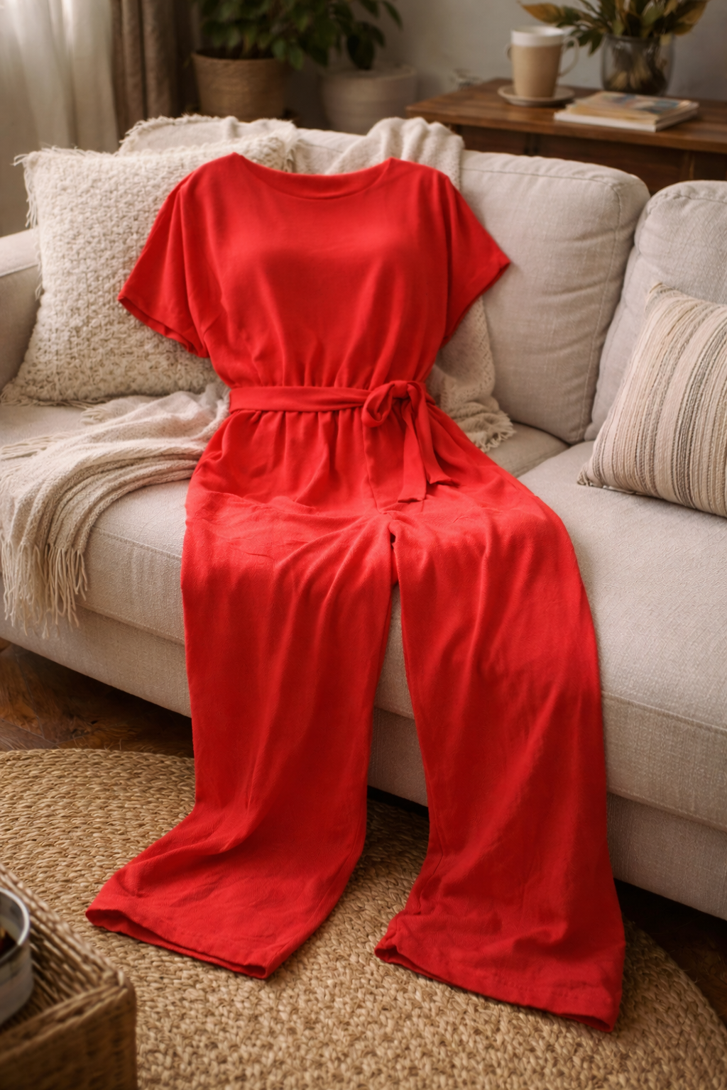 Jumpsuit med vida ben och bälte för kvinnor