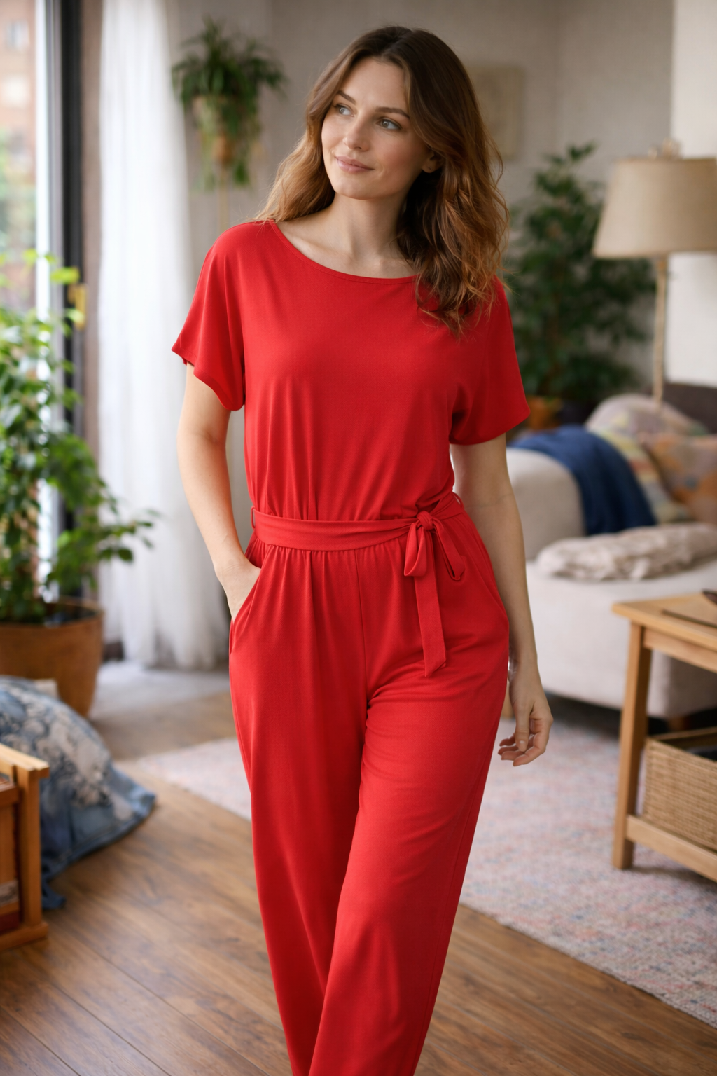 Jumpsuit med vida ben och bälte för kvinnor