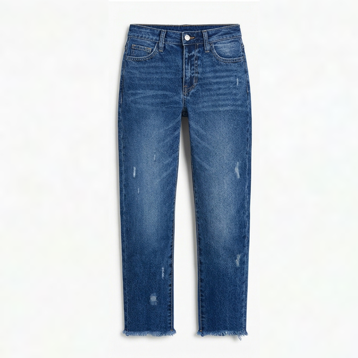 Raka, korta jeans med fransar för dam