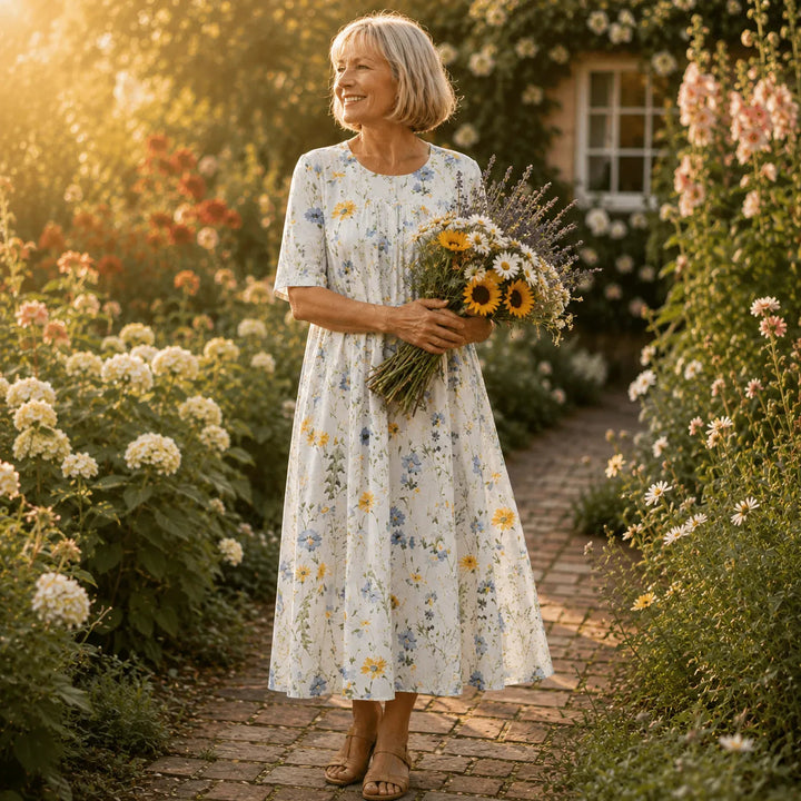 Blommig midiklänning med fickor