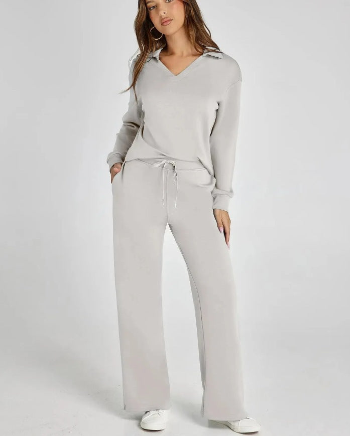 Dam casual set med dragkedjetröja och vida byxor