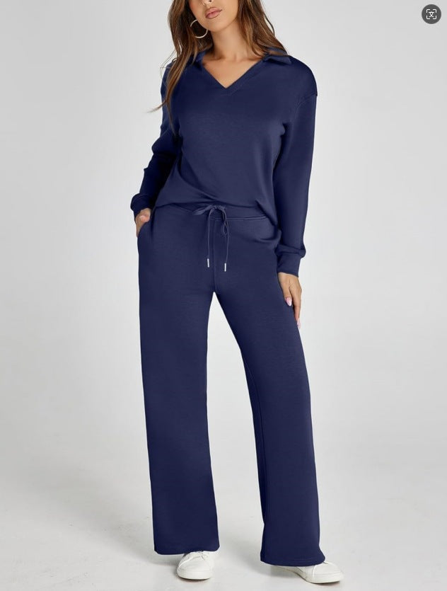 Dam casual set med dragkedjetröja och vida byxor