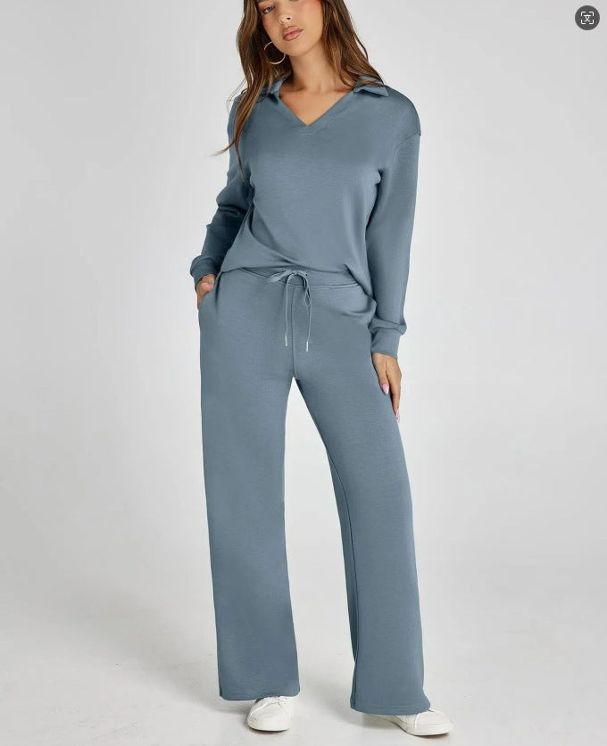 Dam casual set med dragkedjetröja och vida byxor