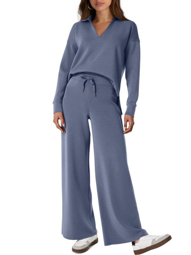 Dam casual set med dragkedjetröja och vida byxor
