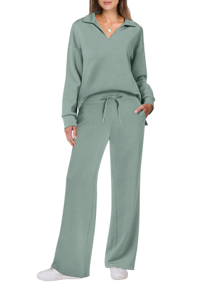 Dam casual set med dragkedjetröja och vida byxor
