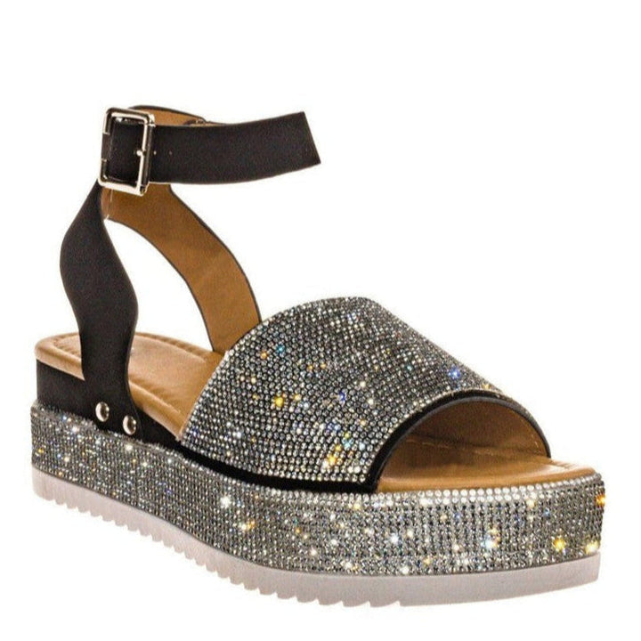 Damplatåsandaler med strass och spänne