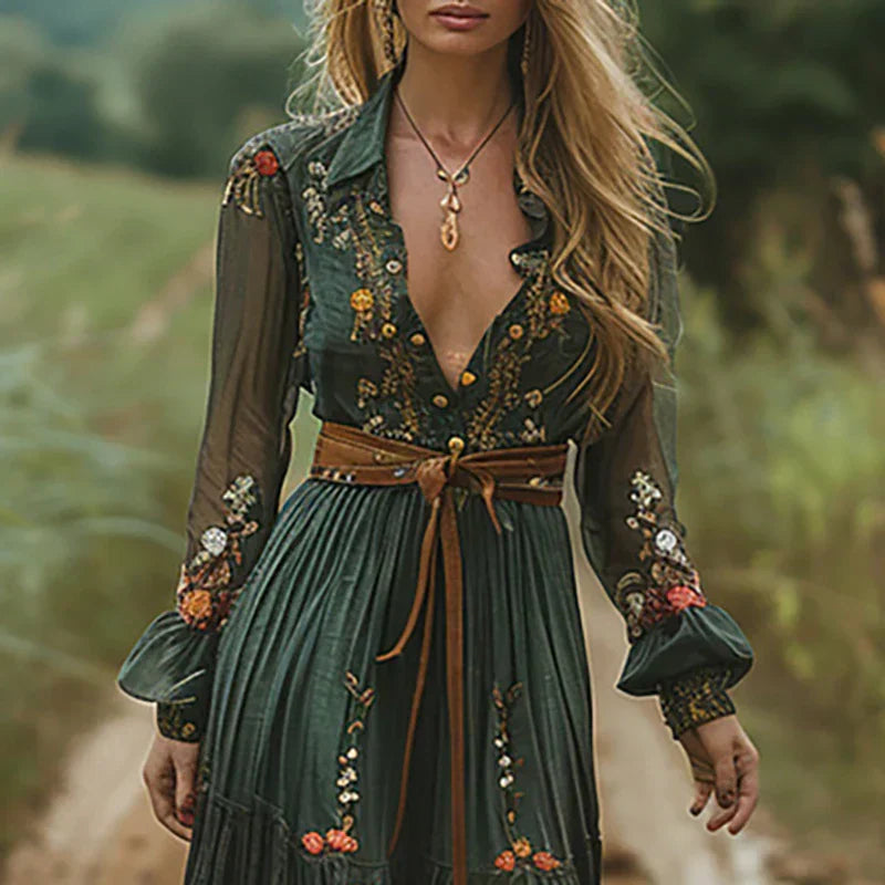 Boho maxiklänning med broderi och långa ärmar för kvinnor