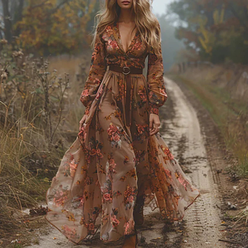 Boho maxiklänning med broderi och långa ärmar för kvinnor