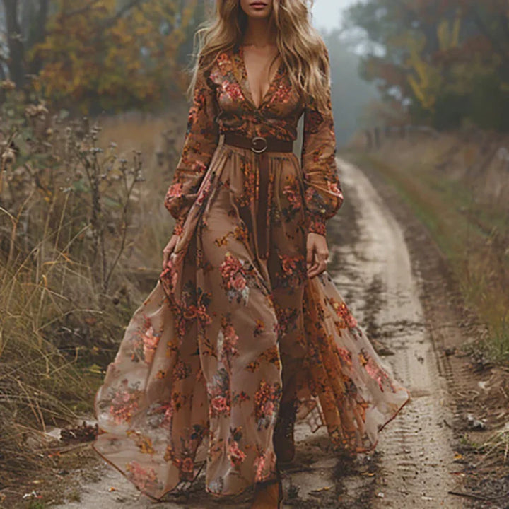 Boho maxiklänning med broderi och långa ärmar för kvinnor