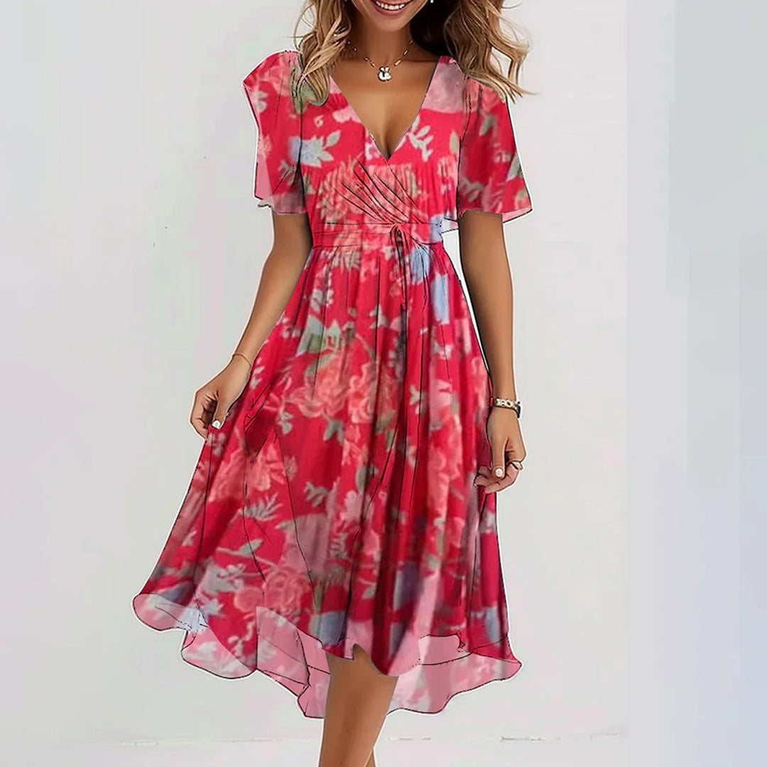 Blommig, böljande midiklänning för damer, elegant, casual