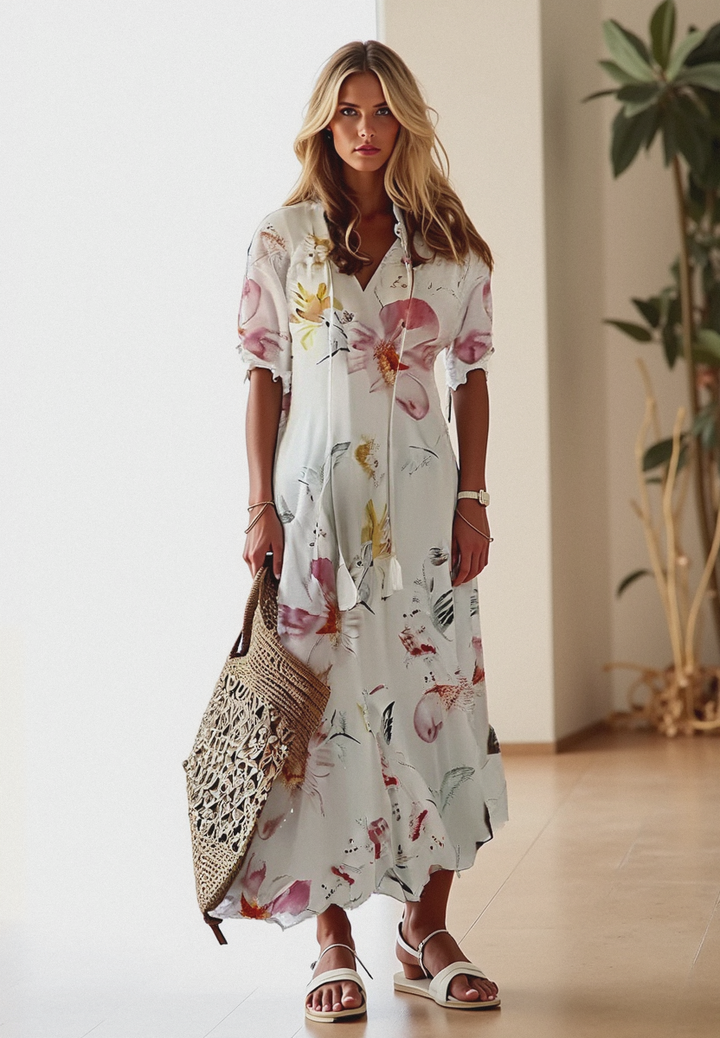 Boho v-ringad sommarklänning med kort ärm för kvinnor