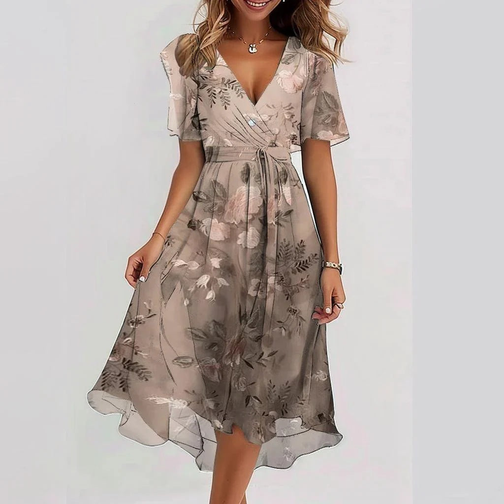 Blommig, böljande midiklänning för damer, elegant, casual