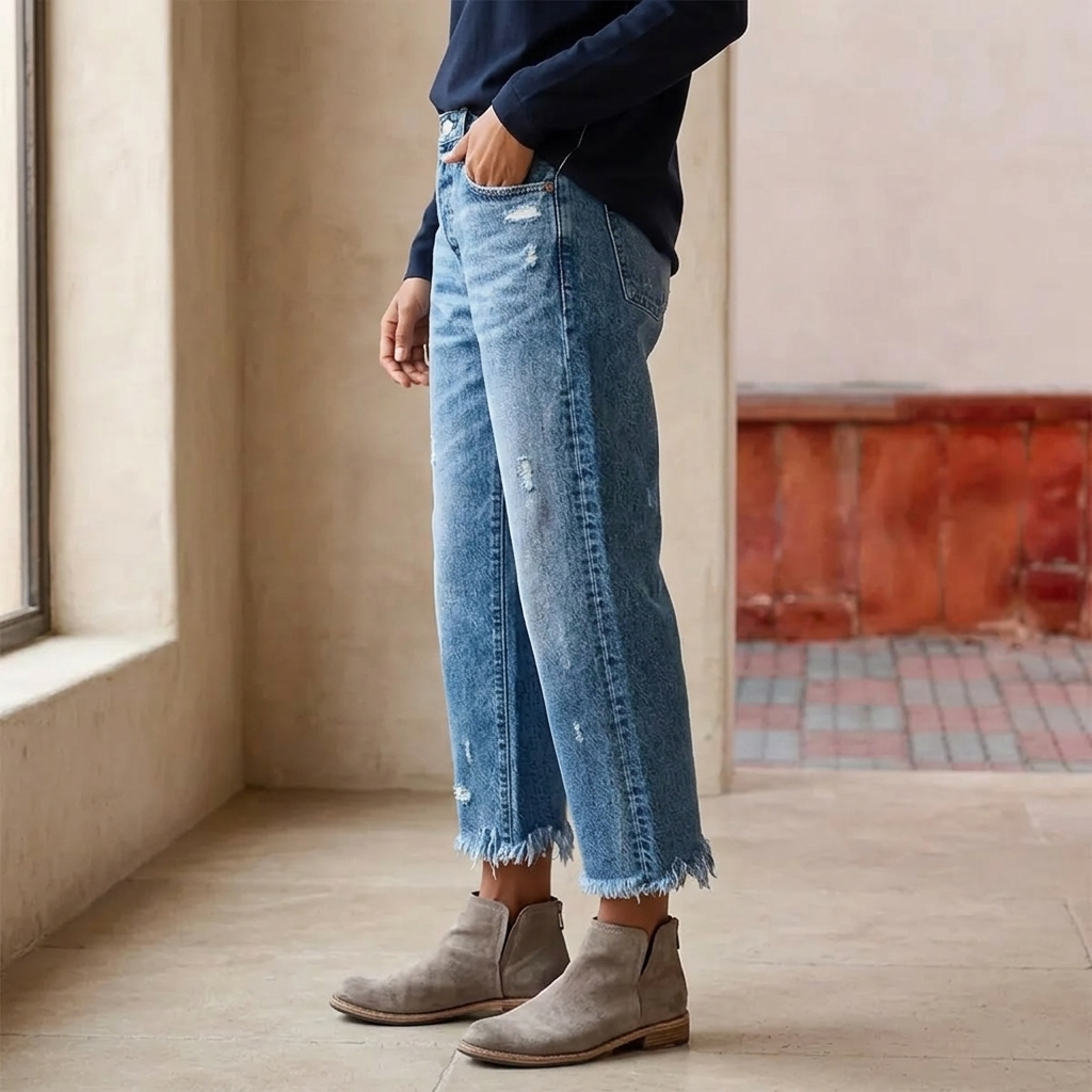 Raka, korta jeans med fransar för dam