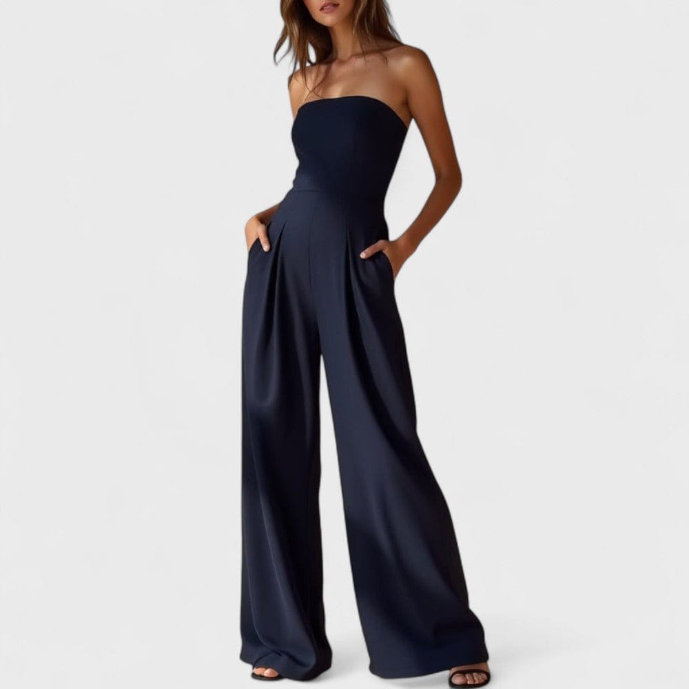 Axelbandslös jumpsuit med vida ben och fickor för kvinnor
