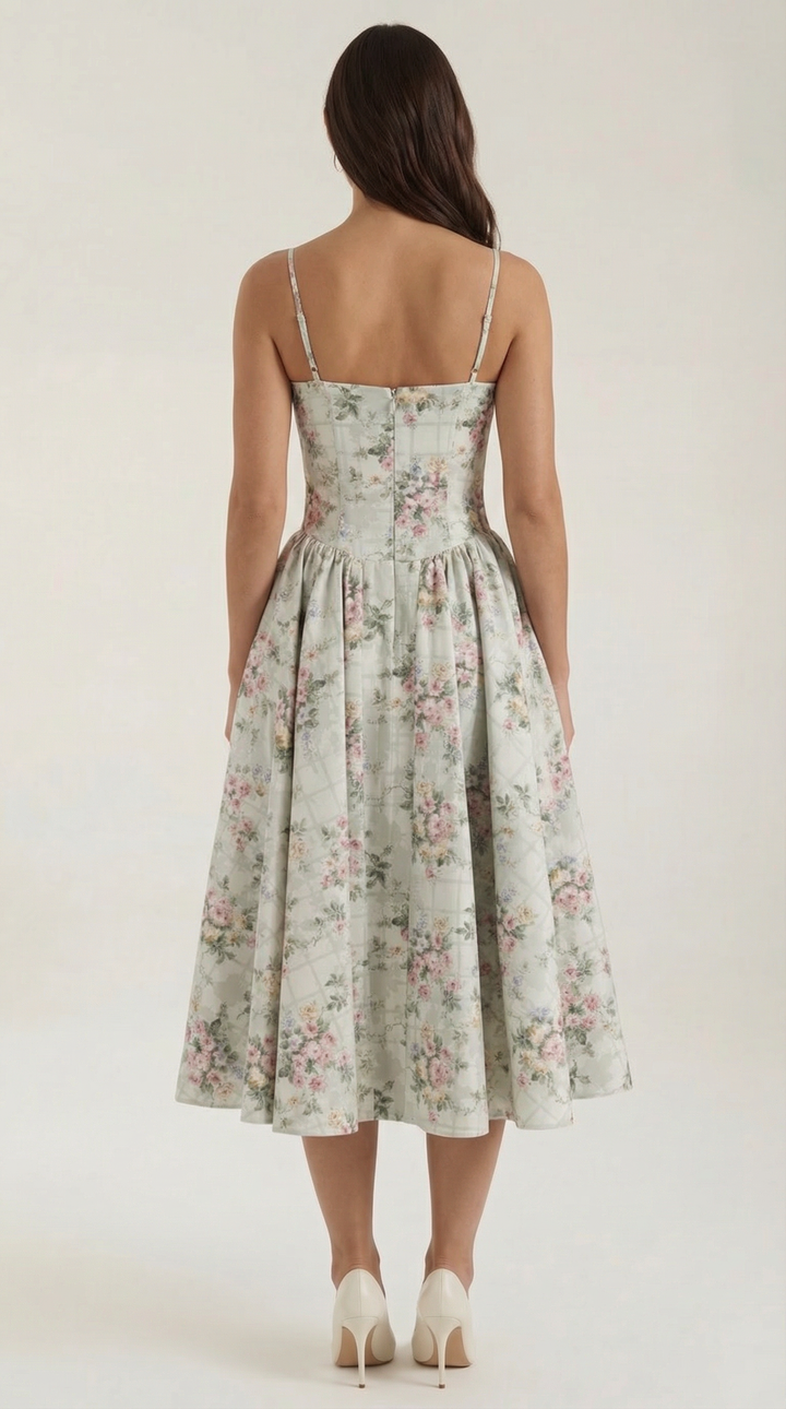 Ebba | Klänning Dam midi med blommönster och hjärtformad halsringning