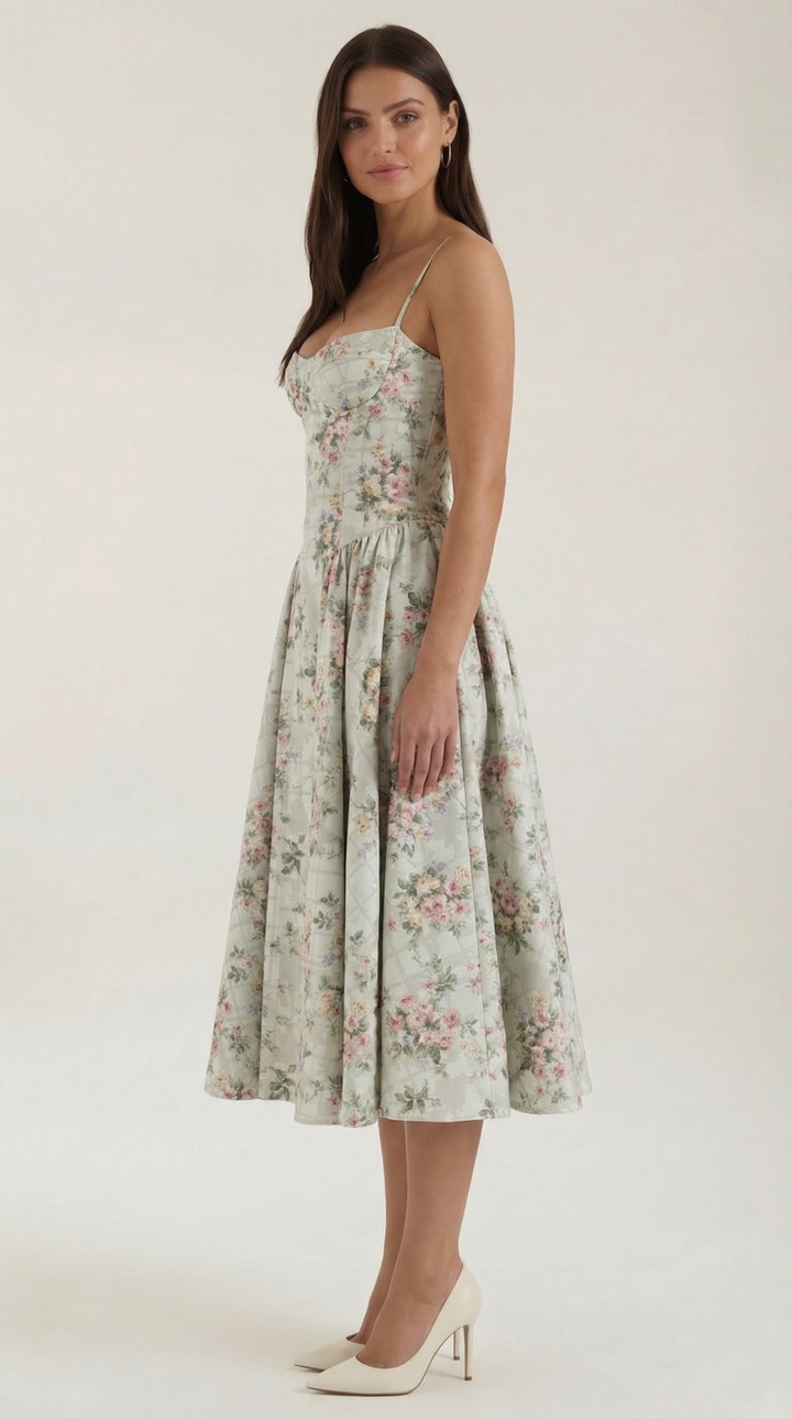 Ebba | Klänning Dam midi med blommönster och hjärtformad halsringning