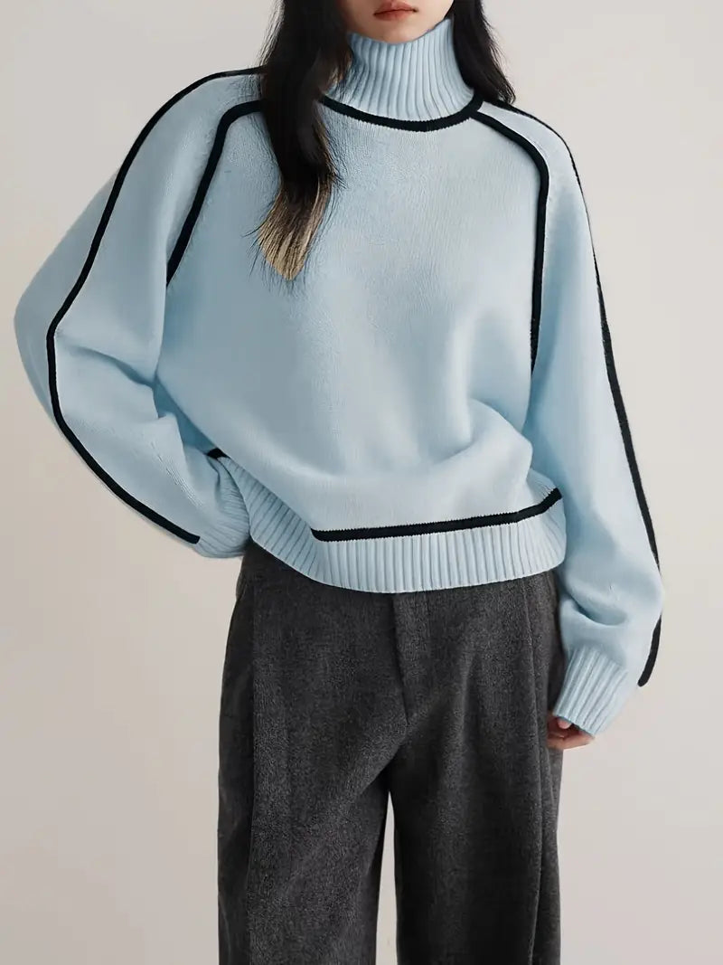 Freja | Stickad tröja dam med polokrage och kontrastkant