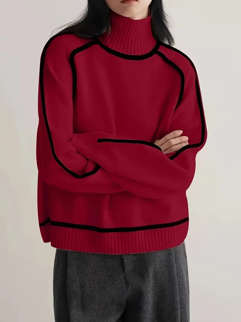 Freja | Stickad tröja dam med polokrage och kontrastkant
