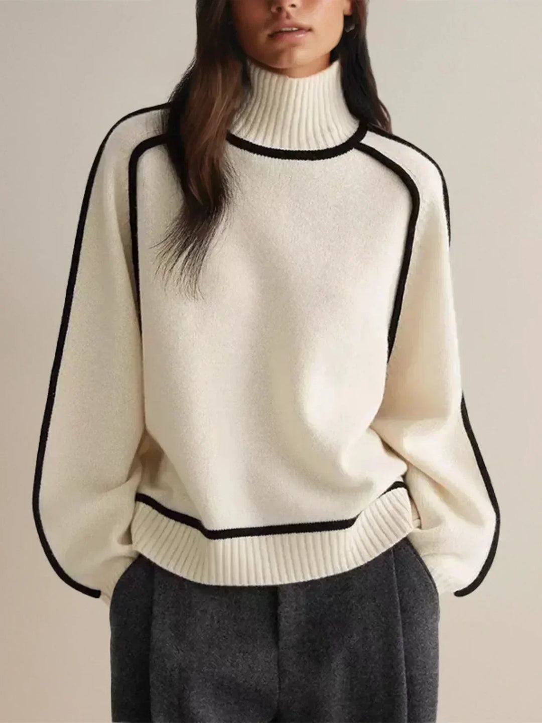 Freja | Stickad tröja dam med polokrage och kontrastkant
