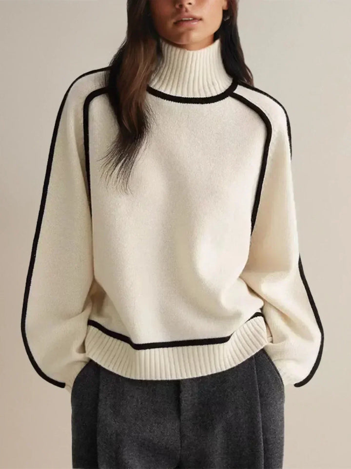 Freja | Stickad tröja dam med polokrage och kontrastkant