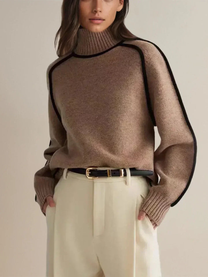 Freja | Stickad tröja dam med polokrage och kontrastkant