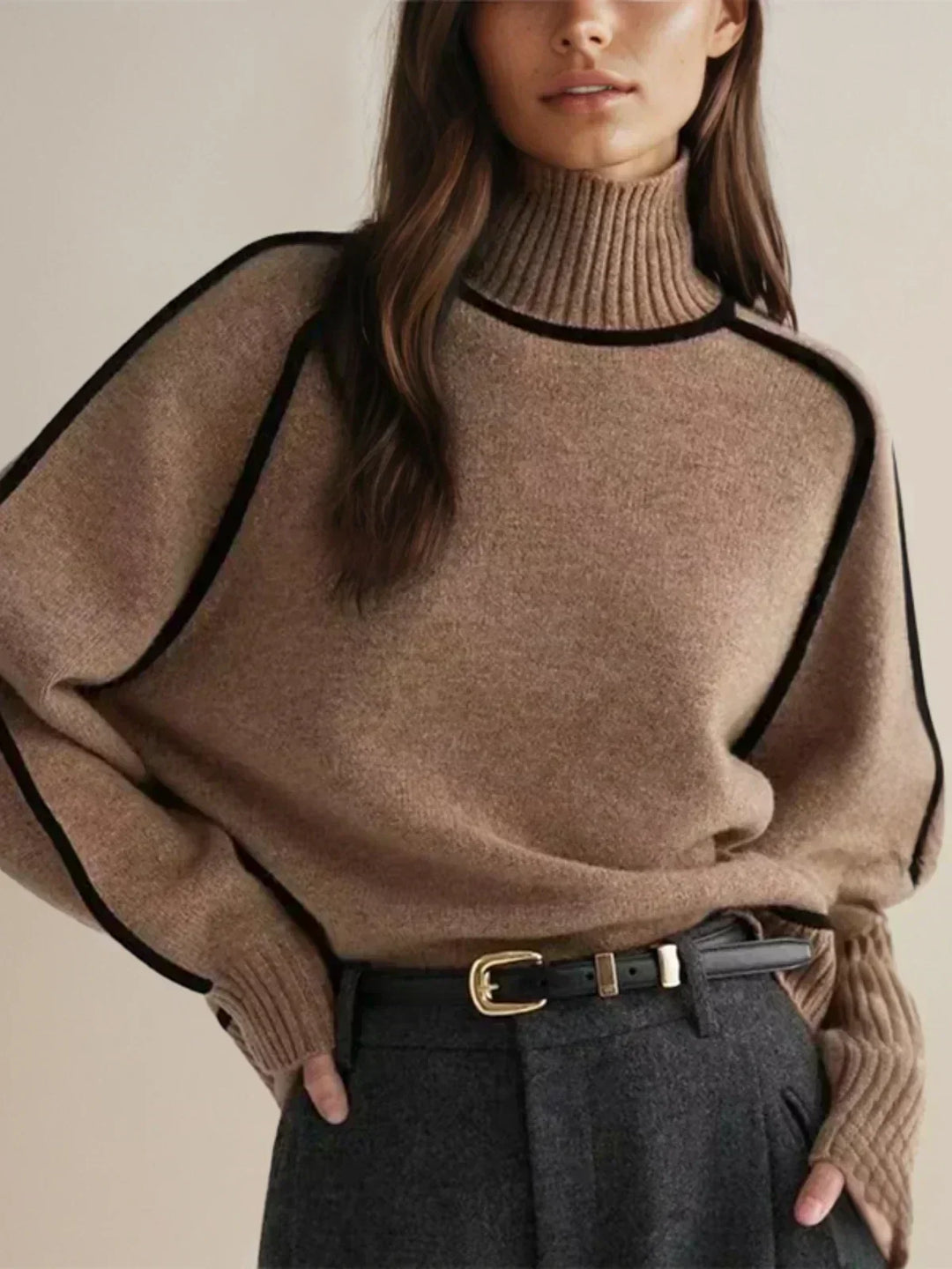 Freja | Stickad tröja dam med polokrage och kontrastkant