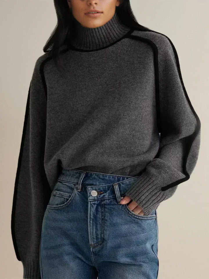 Freja | Stickad tröja dam med polokrage och kontrastkant