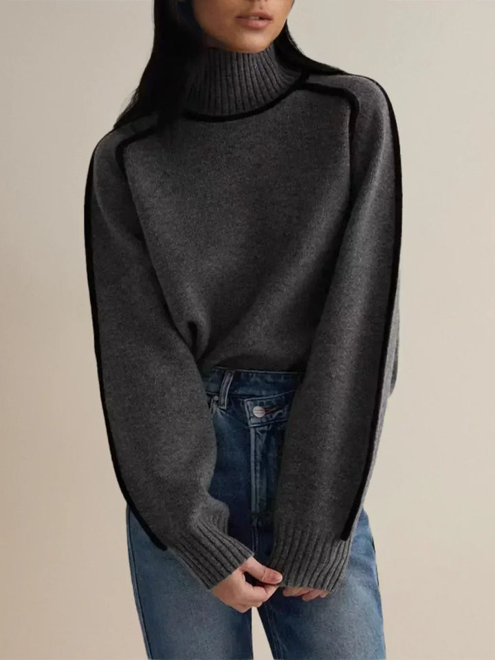 Freja | Stickad tröja dam med polokrage och kontrastkant