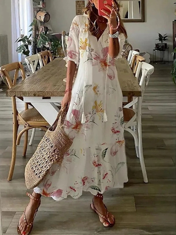 Boho v-ringad sommarklänning med kort ärm för kvinnor