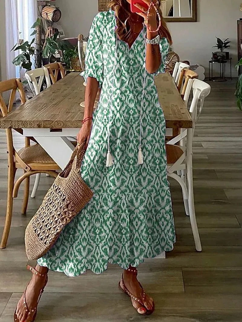 Boho v-ringad sommarklänning med kort ärm för kvinnor