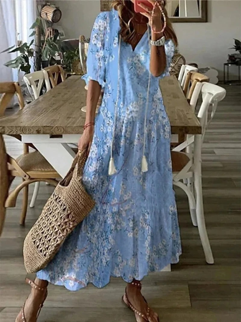 Boho v-ringad sommarklänning med kort ärm för kvinnor