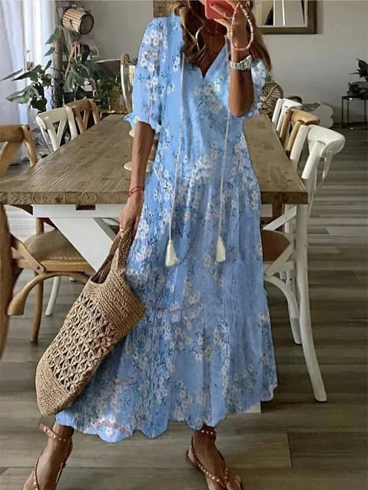 Boho v-ringad sommarklänning med kort ärm för kvinnor