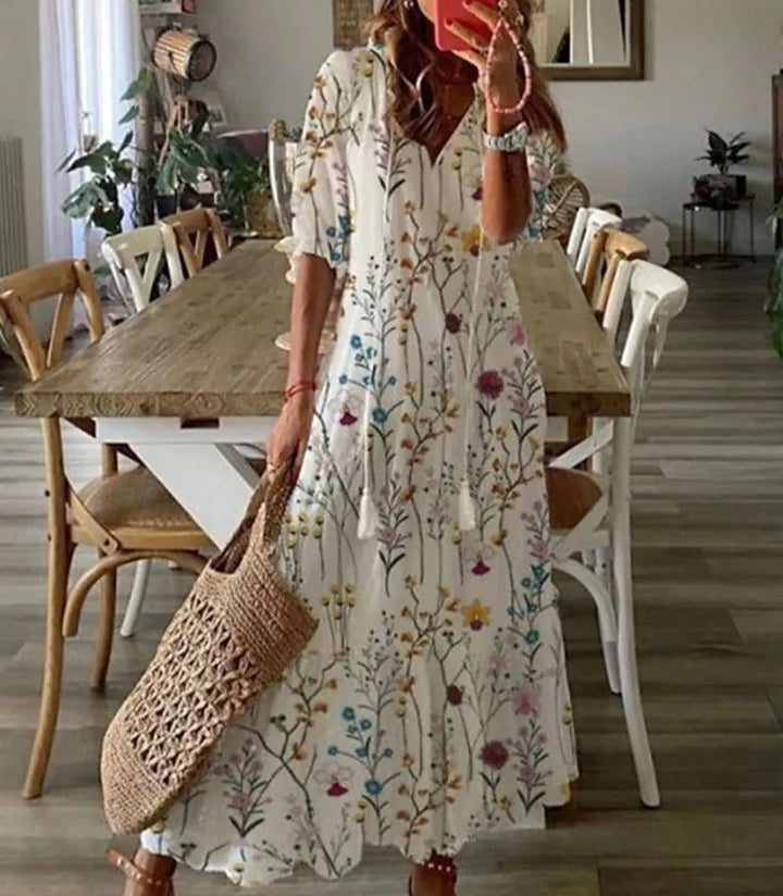 Boho v-ringad sommarklänning med kort ärm för kvinnor