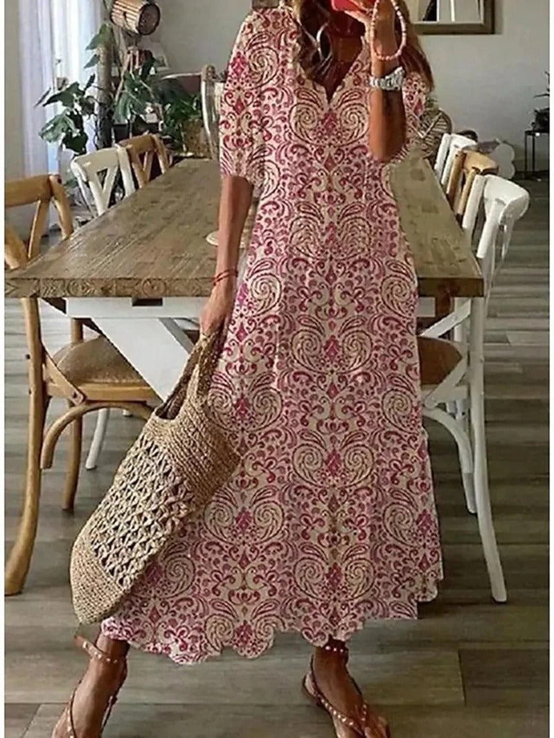 Boho v-ringad sommarklänning med kort ärm för kvinnor