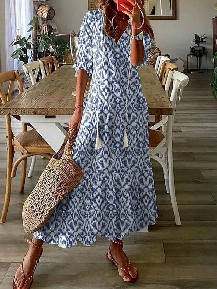 Boho v-ringad sommarklänning med kort ärm för kvinnor