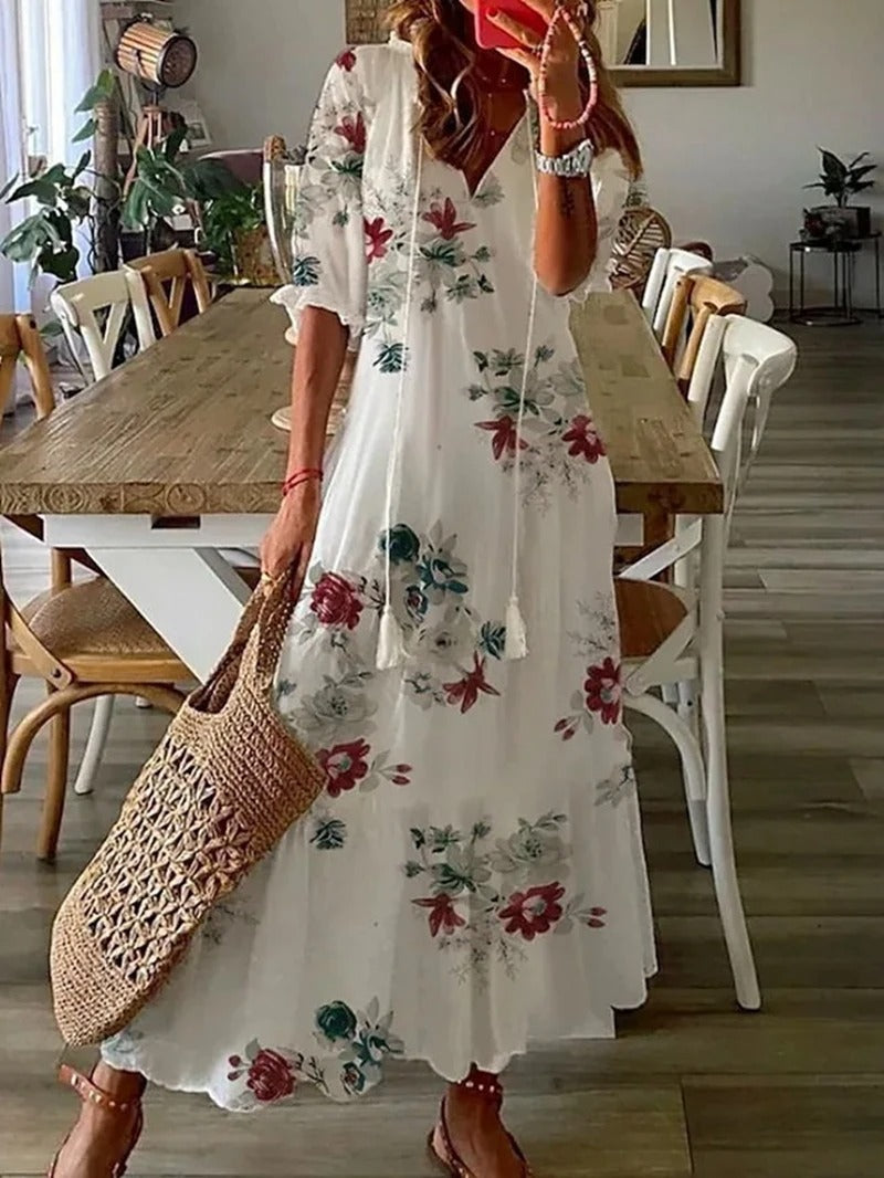 Boho v-ringad sommarklänning med kort ärm för kvinnor