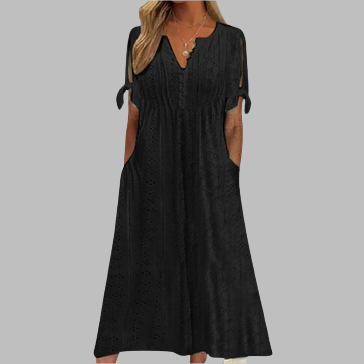 Midi-sommarklänning med öppen mönstrad krage