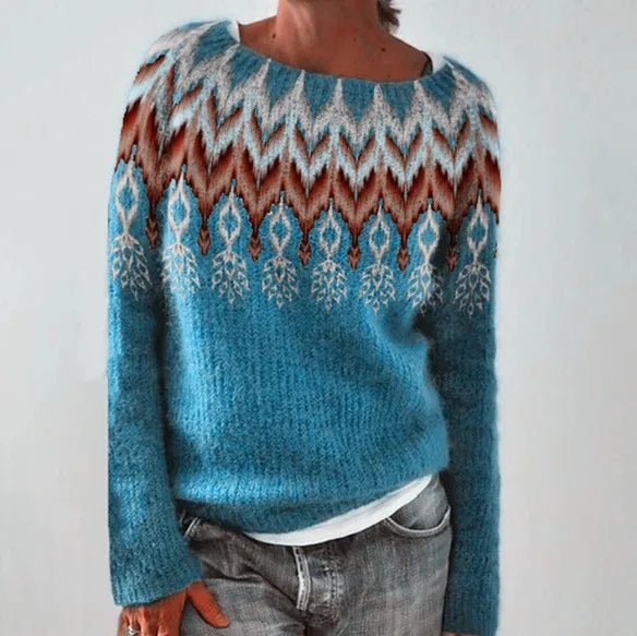 Sigrid | Stickad tröja Dam med rund hals och Fair Isle-mönster